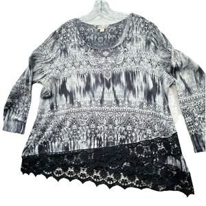 World Unity Womens Pullover‎ Shirt Top Size 2X Crochet Lace Art To Wear Dark